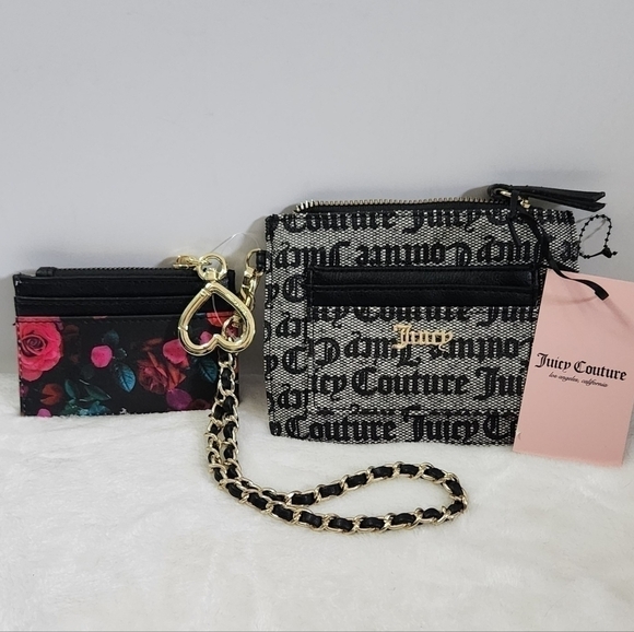 Juicy Culture Black Beige Floral Wristlet Credit Card Key Chain 2 Piece Set NWT - Picture 2 of 14
